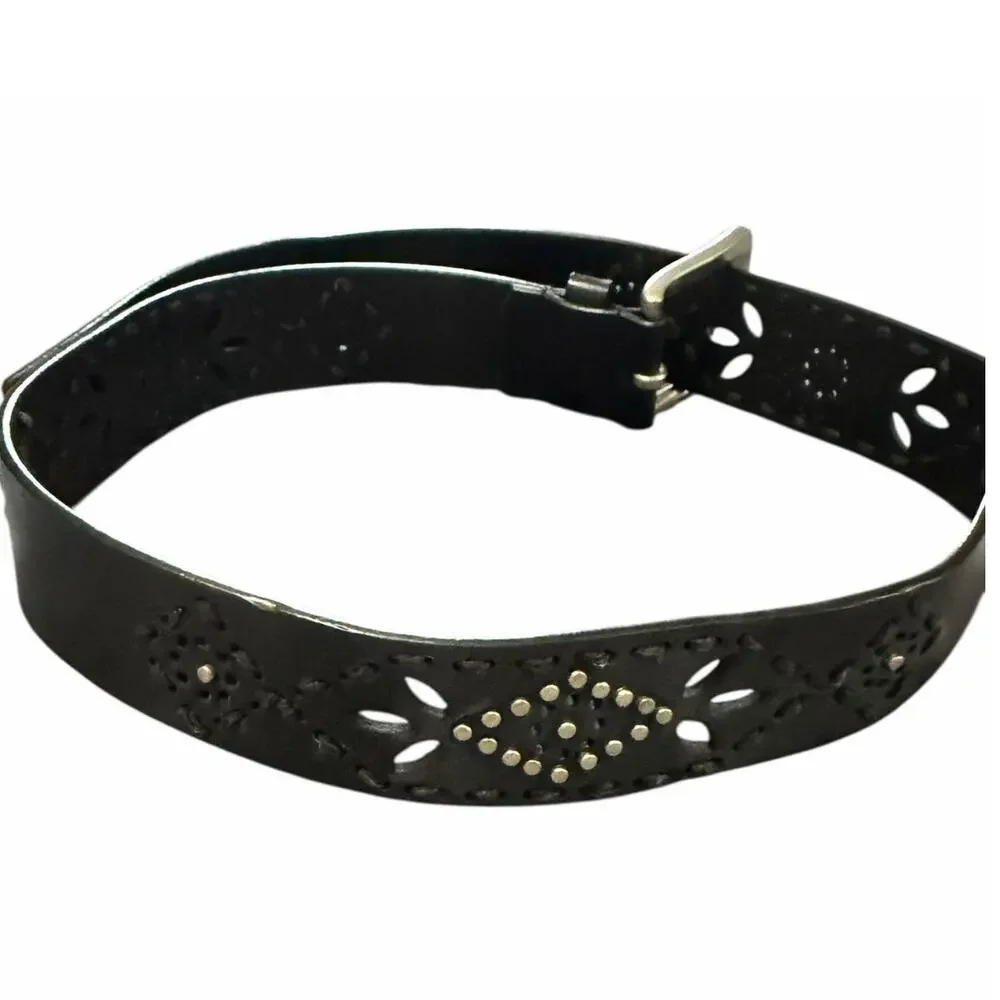 Faded Glory Womens Belt 8M 26-30 Waist Black Leather Blend Silver Buckle